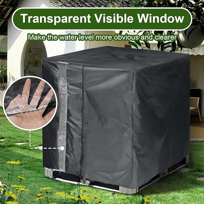 IBC Tote Cover, GDCCPRO 600D Heavy Duty Waterproof Cover for 1000L IBC Container Rain Water Tank Outdoor 275 Gallon Rain Barrel Foil Anti-Dust Cover Sun Protection Anti-UV (600D W/Window)