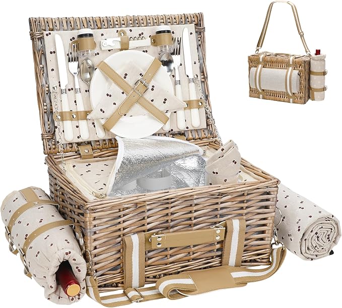 19Pcs Picnic Basket for 2 with Blanket - Wicker Picnic Basket with Strap,Wine Bag | Willow Picnic Set for 2 Person with Insulated Cooler | Wicker Hamper with Cutlery Kit, Beige