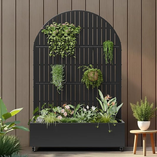 Casaphoria Metal Raised Garden Bed with Trellis and Wheels, 72"x47"x16" Arched Planter Box for Climbing Plants, Vegetables & Vines, Features Drainage Holes and Privacy Screen (Black-Fence)