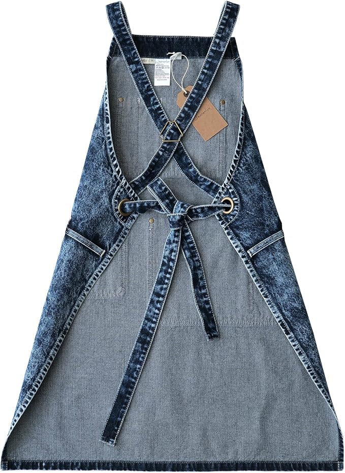 Jeanerlor - Special Washing Style Jean Apron for Men Denim Aprons with Towel Loop + Tool Pockets, Adjustable L to XXL(Blue-Black)
