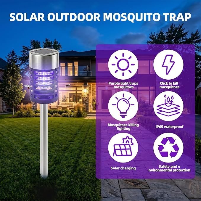 Solar Bug Zapper Outdoor Waterproof Mosquito Repellent Outdoor Patio Mosquito Trap & Killer for Backyard, Farm, Garden, 2026 Solar Powered Fly Zapper for Small Flying Insect, Gnats, Flies, Moths(4)