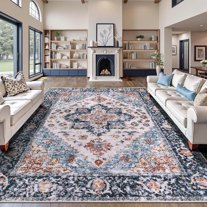 SERISSA 9x12 Washable Non Slip Boho Area Rug for Living Room，Blue Orange | Ultra Soft Vintage Oriental Carpet Low-Pile Distressed Tribal Throw Carpet for Dining Room Bedroom Dorm Office Home Decor