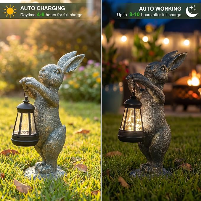 C&Y&G&X Garden Statue Rabbit with Solar Lantern - Outdoor Bunny Figurine Decor with LED Lights, Weather-Resistant Resin Animal Yard Art Sculpture for Patio, Lawn, Pathway, and Housewarming Gift