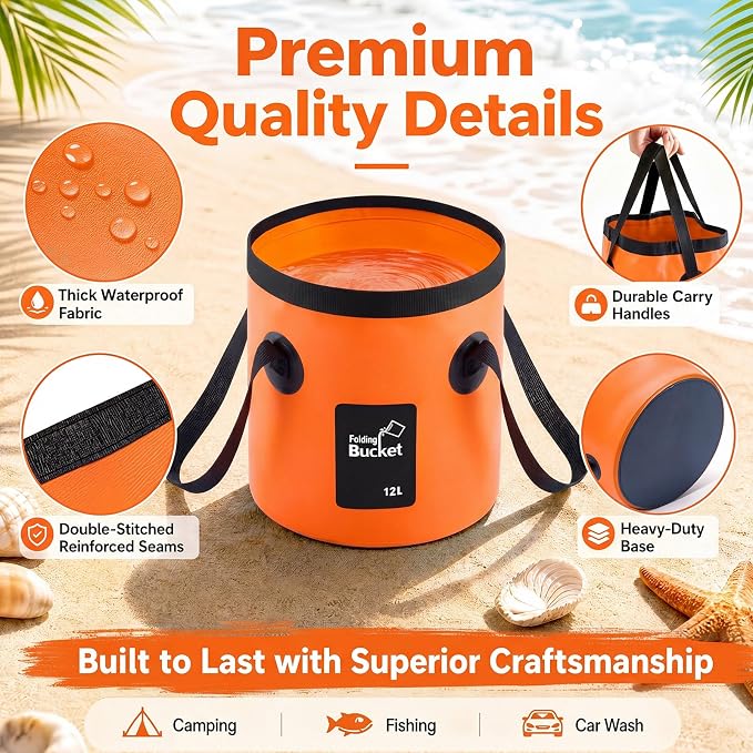 3 Gallon 3 Pack Collapsible Bucket, Foldable Water Bucket with Handles, Portable Camping Buckets for Fishing, Hiking, Cleaning, Outdoor & Travel Use (Orange)