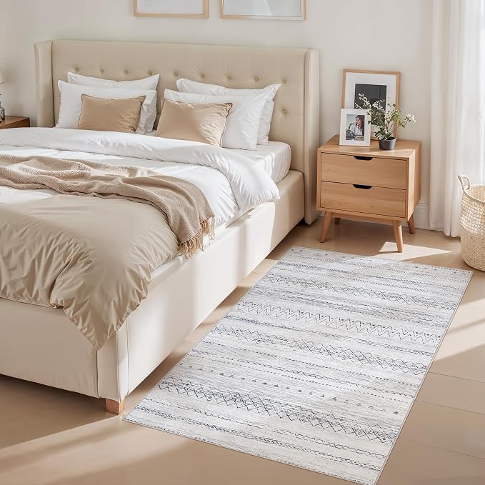 cotiled Washable 3x5 Entryway Rugs: Boho Moroccan Soft Small Rug | Solve Modern Neutral Trendy Home Decor - Low Pile Stain Resistant for Bathroom Entryway Kitchen Grey
