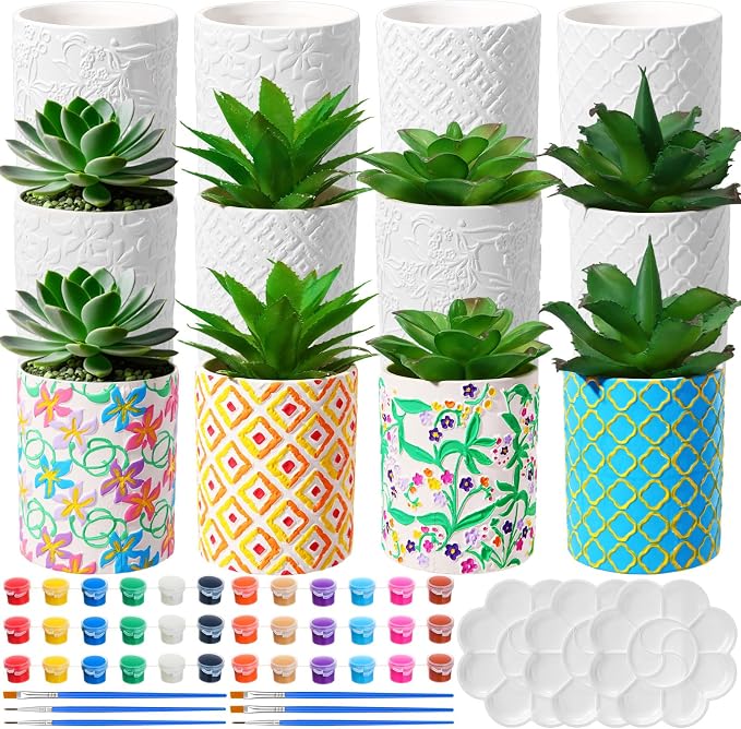 Zubebe 12 Pcs Paint Your Own Ceramic Pots Bulk Unfinished Succulent Pots Craft Kit with Drainage Hole Mini Paintable Plant Vase Ready to Paint Planter for Cactus DIY Craft (Classic)
