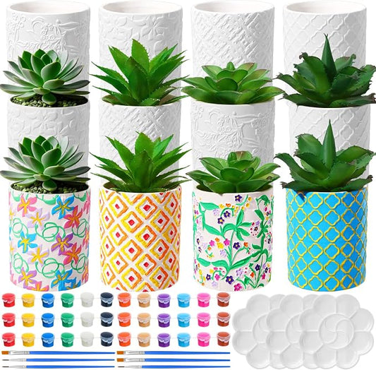 Zubebe 12 Pcs Paint Your Own Ceramic Pots Bulk Unfinished Succulent Pots Craft Kit with Drainage Hole Mini Paintable Plant Vase Ready to Paint Planter for Cactus DIY Craft (Classic)