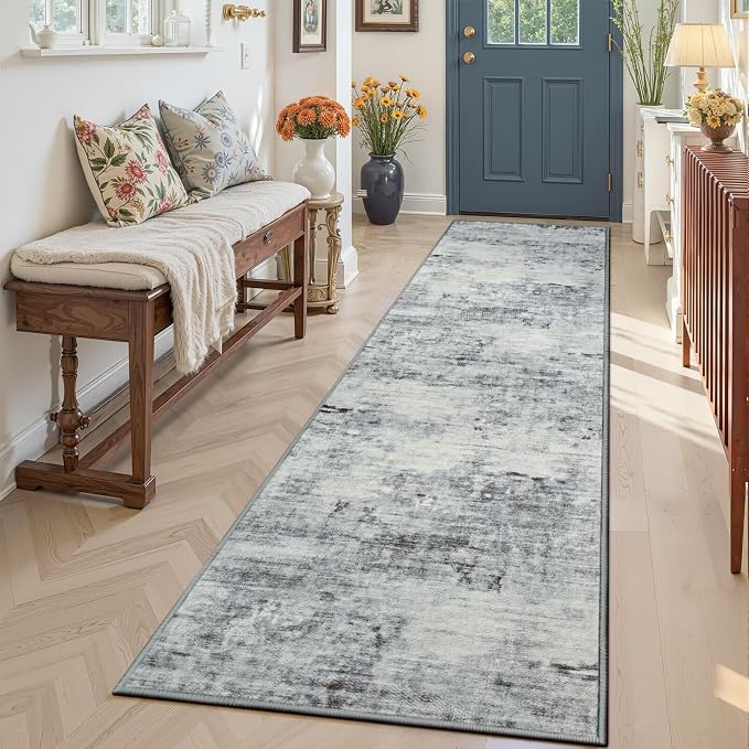 Toneed Washable 2x8 Non-Slip Runner Rug for Hallway Kitchen, Grey | Abstract Soft Modern Low Pile Area Rugs for Bedroom Laundry Living room,Indoor Carpet for Bedside Home Decor