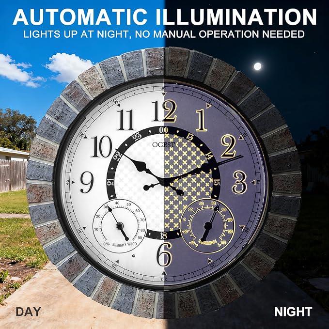 OCEST 18 Inch Large Outdoor Clock Waterproof Thermometer Hygrometer Combo Night Light Illuminated Wall Clocks Battery Operated Silent Non-Ticking Ideal Patio Clock for Garden Pool Porch Yard Garage