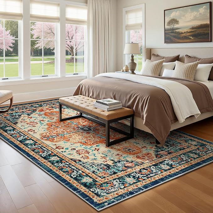 U'Artlines Boho Vintage Area Rug 5x7 Machine Washable Carpet,Orange/Multi | Low Pile, Non Slip, Ultra-Thin Soft Floor Carpet, Accent Rug for Living Room Bedroom Entryway Dining Room Office