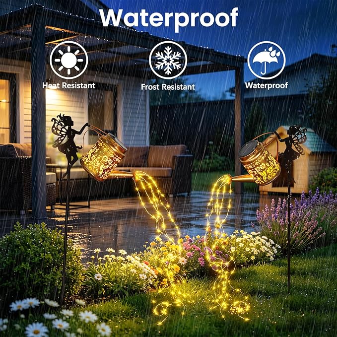 2 Pack Solar Fairy Watering Can Lights Outdoor, Waterproof Solar Hanging Lantern with Cascading Lights for Garden Yard Patio Lawn Pathway, Hummingbird Gardening Gifts for Women Mom Grandma Birthday