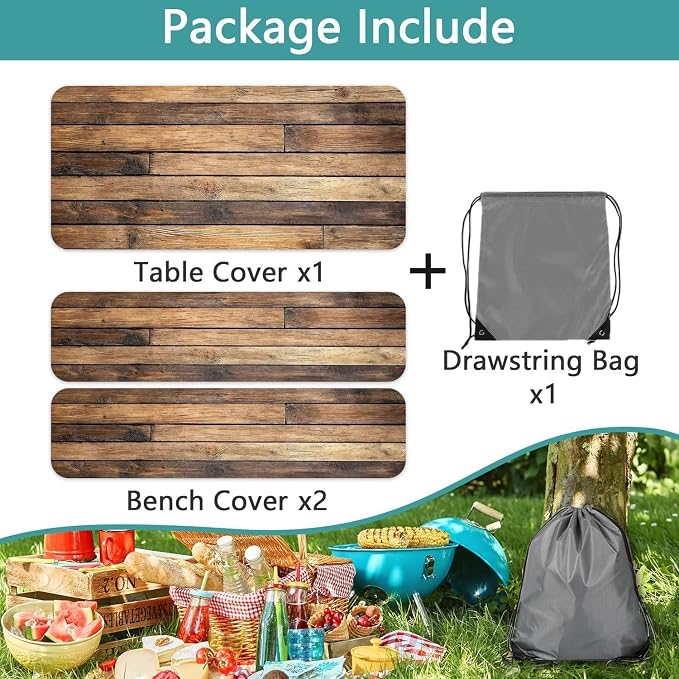 Wooden Picnic Table Cover with Bench Covers and Bag, Waterproof Windproof, Camping Fitted Tablecloth Cover with Elastic Edge, for Indoor & Outdoor, Garden, Camping, 3 Pieces Set, 30x60 Inch