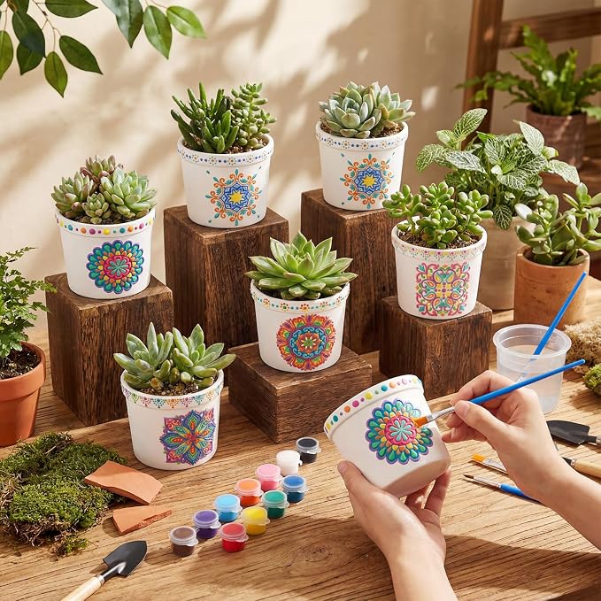 Zubebe Paint Your Own Ceramic Pots Bulk Unfinished Succulent Pots Craft Kit with Drainage Hole Mini Paintable Plant Vase Ready to Paint Planter for Cactus Purple Mandala DIY Craft Painting