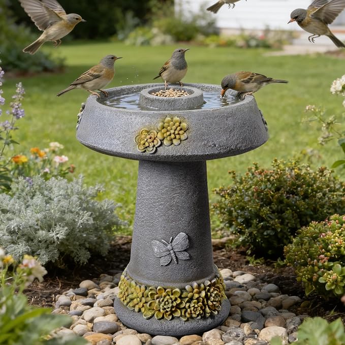 Bird Baths for Outdoors,23.6''H Outdoor Water Fountain Bird Bath & Feeder – Removable Feeding Bowl, Stone-Like Resin with Butterfly & Succulent Decor for Garden Yard Patio Porch Lawn Backyard