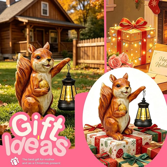 Garden Statue Outdoor, Solar Squirrel Decor Lights, Resin Figurine Squirrel with Solar Light for Patio, Balcony, Yard, Lawn Ornament, Perfect Garden Gift