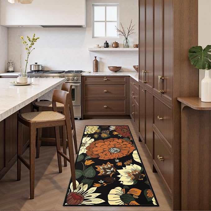 Tyrot Black Boho Floral 2x6 Washable Kitchen & Hallway Runner Rug Ultra-Thin Flat Woven Low Pile Botanical Runner Rug Non Slip Indoor Runner for Entryway, Laundry, Bathroom and Bedroom
