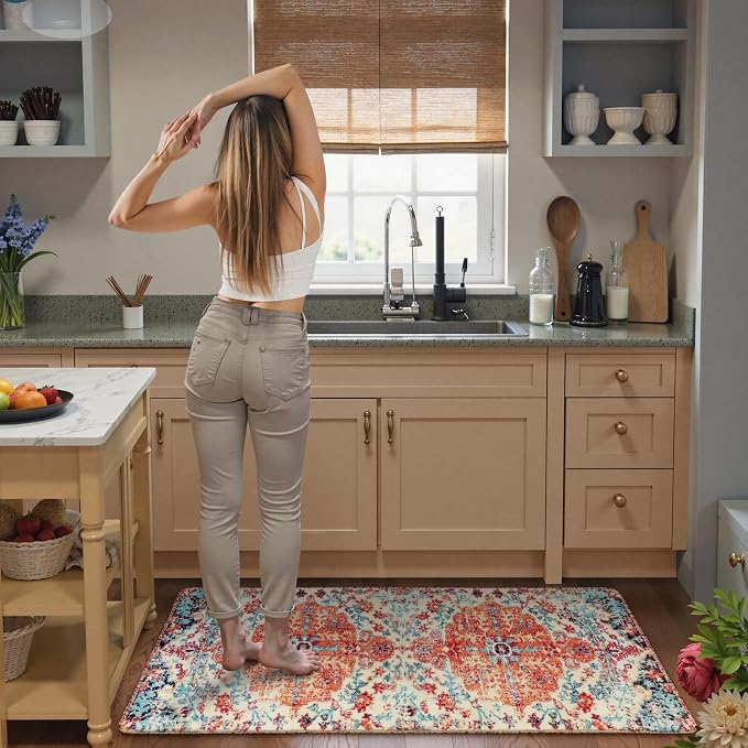 Lahome Reine Floral Washable Kitchen Runner Rug, 2x6 Hallway Entryway Runner Rug, Oriental Medallion Non-Slip Mat, Bohemian Low-Pile Floor Carpet Runners for Bathroom Laundry Bedside, Orange