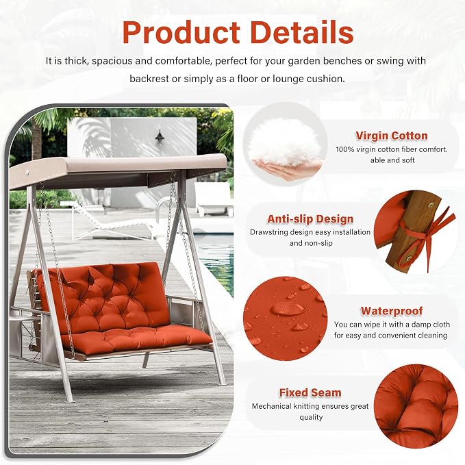 Porch Swing Cushion with Backrest,Waterproof Bench Cushion for Outdoor Furniture,2-3 Seater Replacement Thickened 5 in swing cushion,with Ties,Patio,Outdoor,Backyard and Garden (Orange,40x40 in)