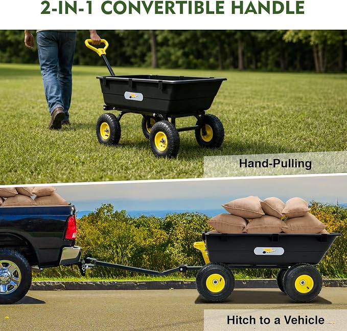 Garden Dump Cart, 5 Cu.Ft. Heavy-Duty Utility Wagon with 950lbs Capacity, 10" All Terrain Tires, 180° Rotating 2-in-1 Convertible Handle, for Yard, Lawn, and Outdoor Use