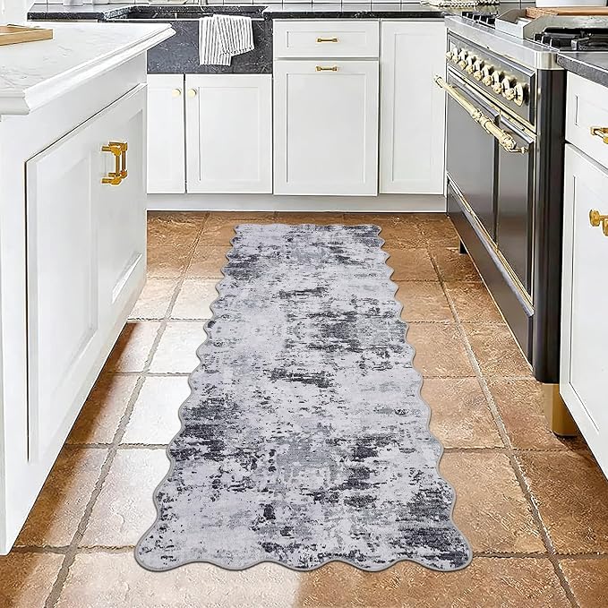 ROYHOME Scalloped Runner Rug 2x6 Modern Abstract Non Slip, Grey | Soft Stain Resistant Low Pile Machine Washable Non Shed Rug for Hallway Kitchen Bathroom