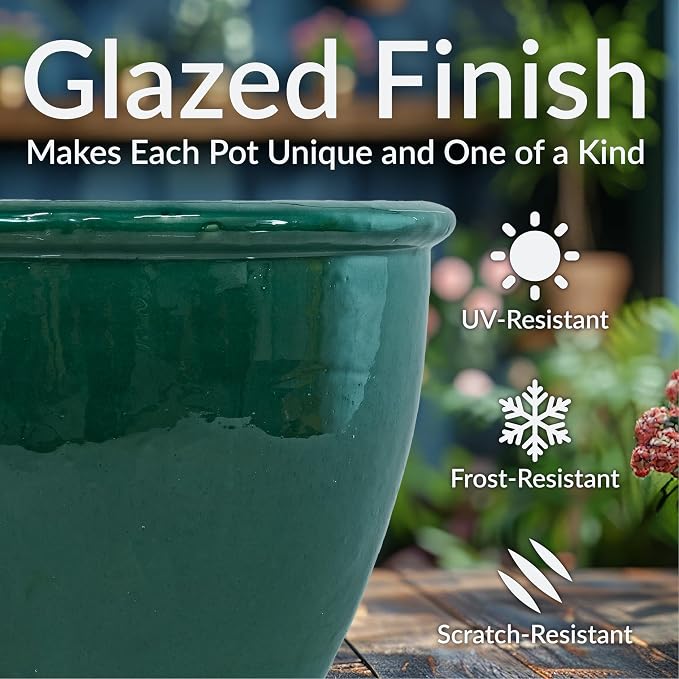 Sunnydaze Large Ceramic Plant Pot - Round Outdoor Glazed Ceramic Planter Pot with Drainage - Chalet -Dark Green - 14.5"