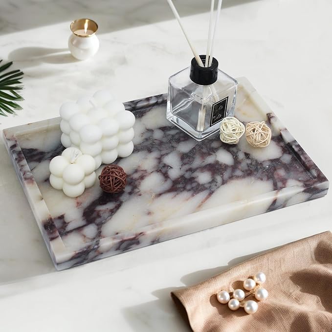 YMXYJM 100% Real Luxury Natural Marble Vanity Tray Genuine Calacatta Viola Marble Stone Storage Trays for Home Decor Bathroom Vanity Dresser Kitchen, Non-Resin/Non-Ceramic, 11.7" x 7.8"