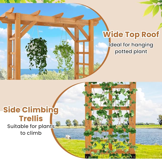 Giantex 7FT Wood Garden Arbor Trellis, Wooden Wedding Arch for Ceremony Party, Outdoor Archway Pergola for Climbing Plants, Pathway, Yard, Garden Decor, Easy Assembly (Honey Brown, 55''W x 85''H)