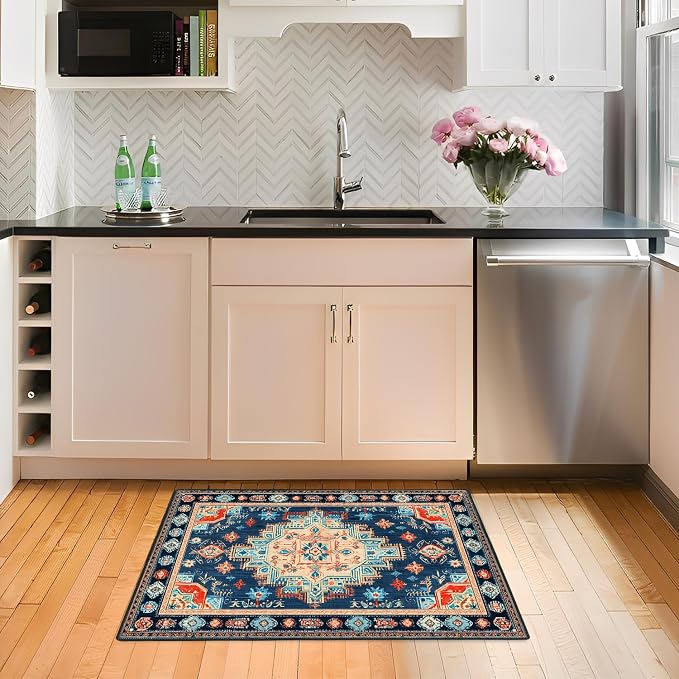 Navy Blue Coral Tribal 2x3 Entry Rug,Washable Small Rugs for Entryway Kitchen Bathroom Door Mat Indoor Entrance,Non Slip Rubber Backing,Stain & Fade Resistant,Bohemian Southwestern Decor