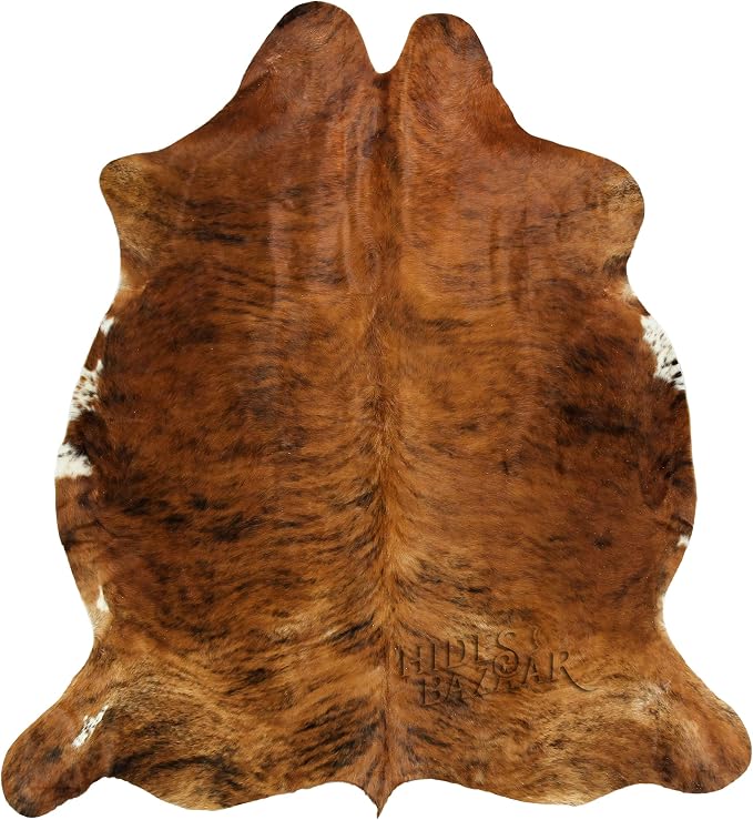 HIDES BAZAAR Exotic Brindle Cowhide Rug 6x7 ft, Real Hair on Hide Area Rug | Exotic black, brown and white brindle mix. Genuine hair on hide tanned soft, cow skin statement piece for any room