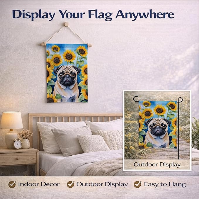 Caroline's Treasures DAC6145GF Pug in Sunflowers Garden Flag Mailbox Flag Decorative Yard Flag Banner Outside Patio Artwork Yard Flower Beds, Garden Size, Multicolor