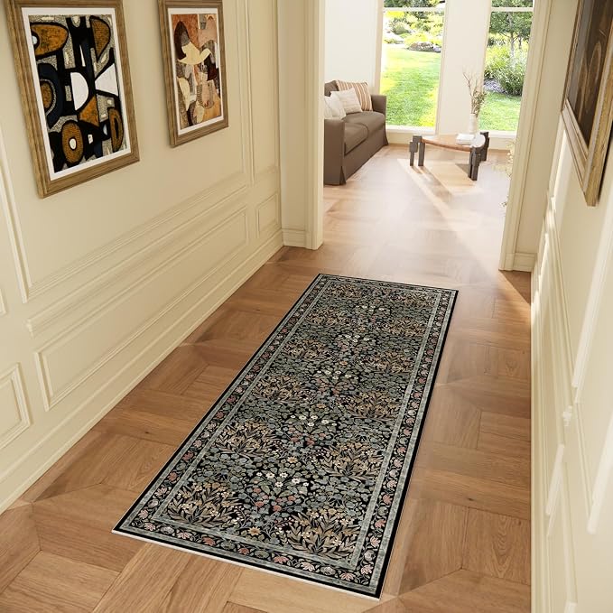 Vintage Floral Area Rug Runner 2x6 Washable Ultra-Thin Boho Carpet for Hallway, Kitchen, Bedroom, Bathroom, Laundry Room