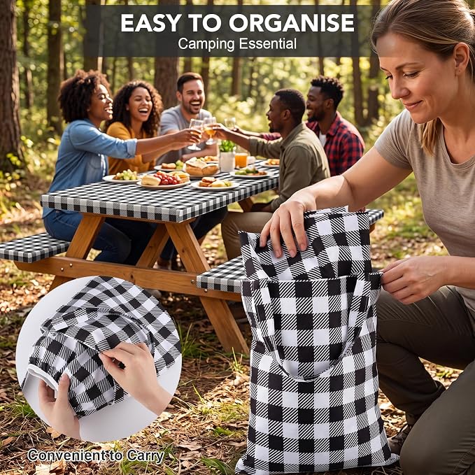 Dntorx Picnic Table Cover with Bench Covers and Bag 72in, Black | Waterproof, Windproof, Elastic Edges Fitted Rectangle, Camping Tablecloth, RV Gear Campers Must Have