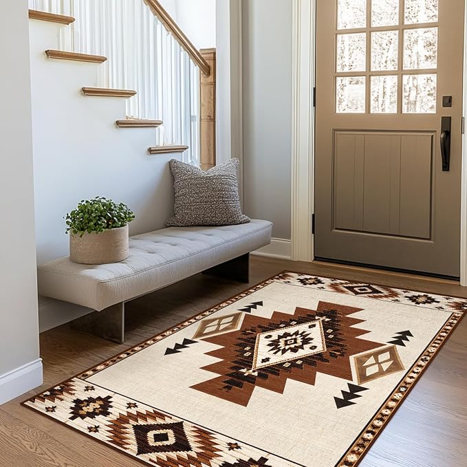 Western Rug 3x5 Area Rug for Bedroom Southwestern Aztec Rugs | Machine Washable Southwest Tribal Navajo Rugs Low Pile Non-Slip Floor Carpet for Kitchen Living Room Dining Room Bedroom