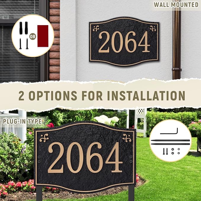 Personalized Address Plaque Sign - LAWN MOUNTED, House Address Signs for Outside Use for House,Apartment,Office,Yard (Black/Rose Gold)