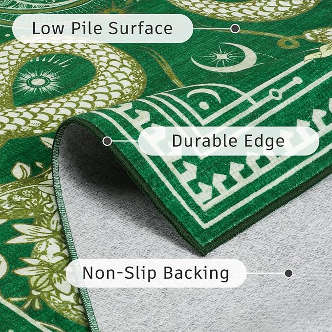DCX 8x10 Washable Snake Rug for Living Room, Non Slip Low Pile Rug, Green | Rugs for bedroom, dining room, office, soft, gothic rug, sain resistant indoor carpet, home decor