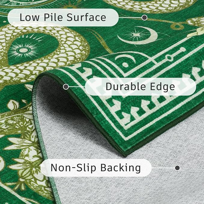 DCX 2x6 Washable Snake Rug for Living Room, Non Slip Low Pile Rug, Green | Rugs for entryway, kitchen, dining room, office, soft, kid & pet friendly, sain resistant indoor carpet, home decor