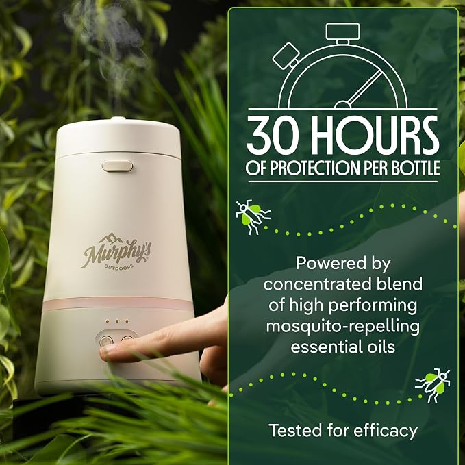 Murphy's Naturals Mosquito Dodger Bug Repellent Diffuser + Refill Oil | Plant-based essential oils; flame-free, USB-C rechargeable, 30-hr protection in a 15-ft zone, refill included