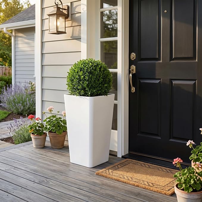 KOL Planters for Outdoor Plants, 20 Inch Tall White Flower Pots 2 Pack, Large Plastic Plant Pots with Drainage Hole and Dual-Purpose Tray, Decorative Indoor Planter for Front Porch Patio Garden