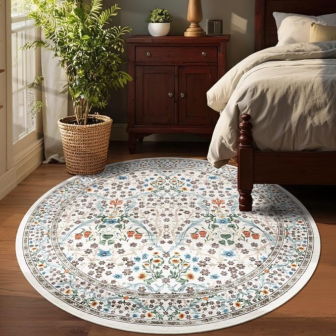 GarveeHome Beige Ivory Floral 4 ft Round Rug Washable Non-Slip Soft Low Pile Small Circle Carpet Vintage Rugs for Kitchen Bedroom Nursery Dining Living Room