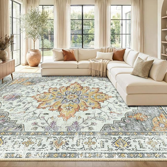 RELEANY Washable Area Rug, 8'x10', Beige/Carbon Grey/Orange | Non-Slip, Water Repellent, Pet Friendly, Easy to Clean, Vintage Floral Boho Decor for Living Room Bedroom Dining Room