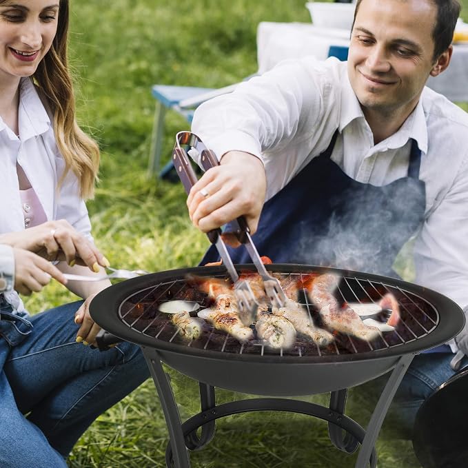 Fire Beauty Fire Pit BBQ Grill Pit Bowl with Mesh Spark Screen Cover,Poker