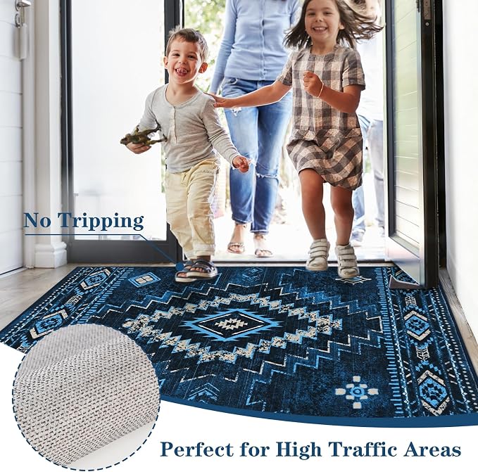 Yinhua Living Room Rug 6x9, Western Washable Area Rug for Bedroom | Aztec Blue Rugs Non-Slip with Rubber Backing, Soft Non-Shedding Carpet for Office Nursery