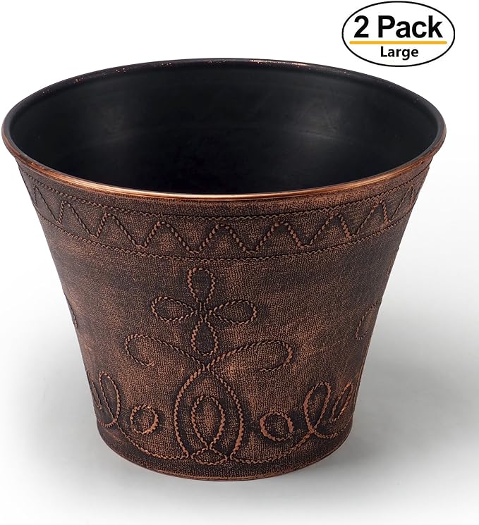 Large Fancy Decorative Planter (2 Pack) Rustic French Country Look Flowerpot Nursery Pot for Indoor, Outdoor, Garden, Patio, Office, Home Decor Use. Long Lasting, Reusable Light Weight (Copper-L)