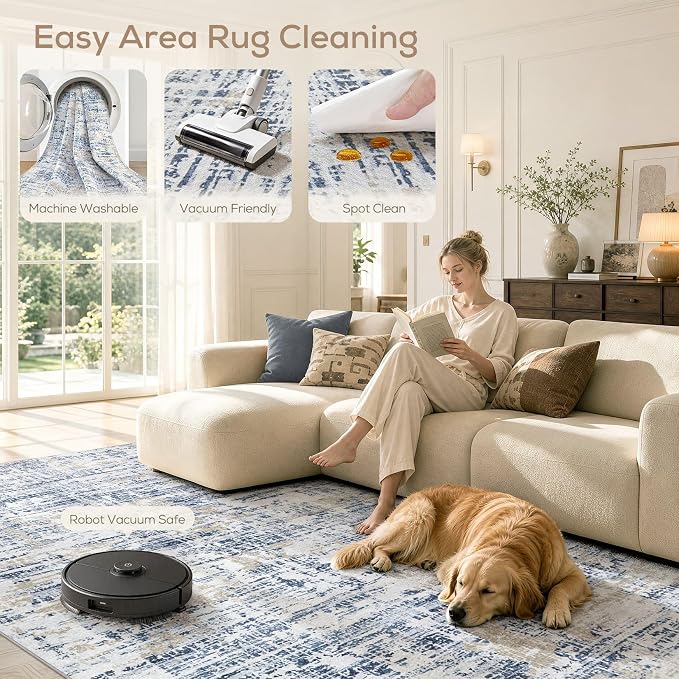 Nakagishi 8X10 Abstract Washable Area Rugs for Living Room-Blue Golden | Modern Non-Slip Silicone Backing Low Pile Soft Carpet for Bedroom Dining Decor Ideal for Families with Kids and Pets