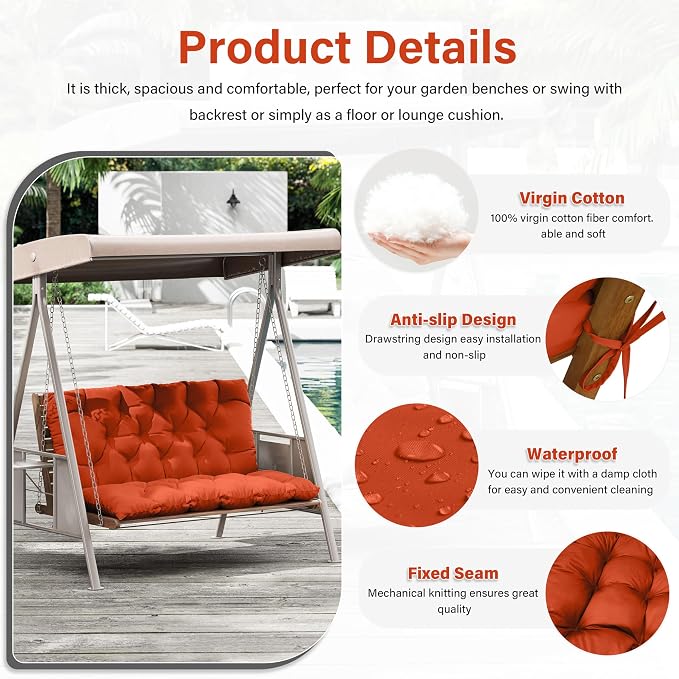 Porch Swing Cushion with Backrest,Waterproof Bench Cushion for Outdoor Furniture,2-3 Seater Replacement Thickened 5 in swing cushion,with Ties,Patio,Outdoor,Backyard and Garden (Orange,47x40 in)