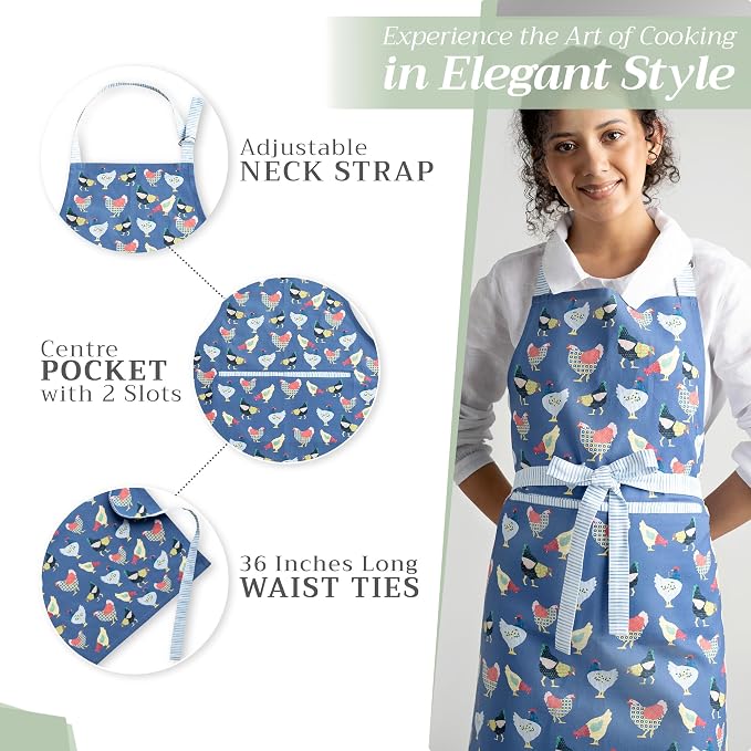 Maison d' Hermine Aprons for women with Pocket 100% Cotton (27.50"x31.50") | Adjustable Neck Strap & long ties Apron Men Chef Wedding Cooking Gardening Server Maid