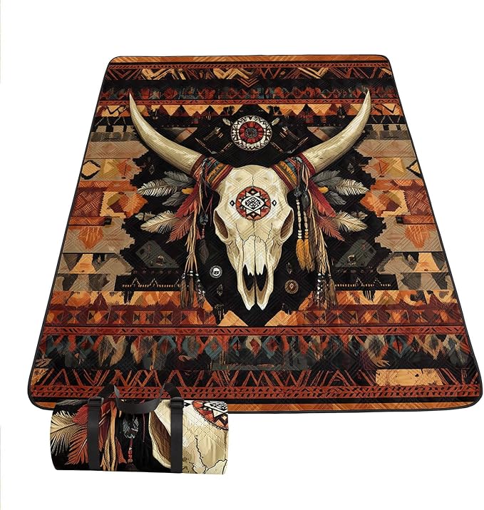 Outdoor Picnic Blanket Portable Ultrasonic Waterproof Picnic Bull Skull Printed Camping Beach Mat for Sand and Wet Grass Hiking (Bull Skull S