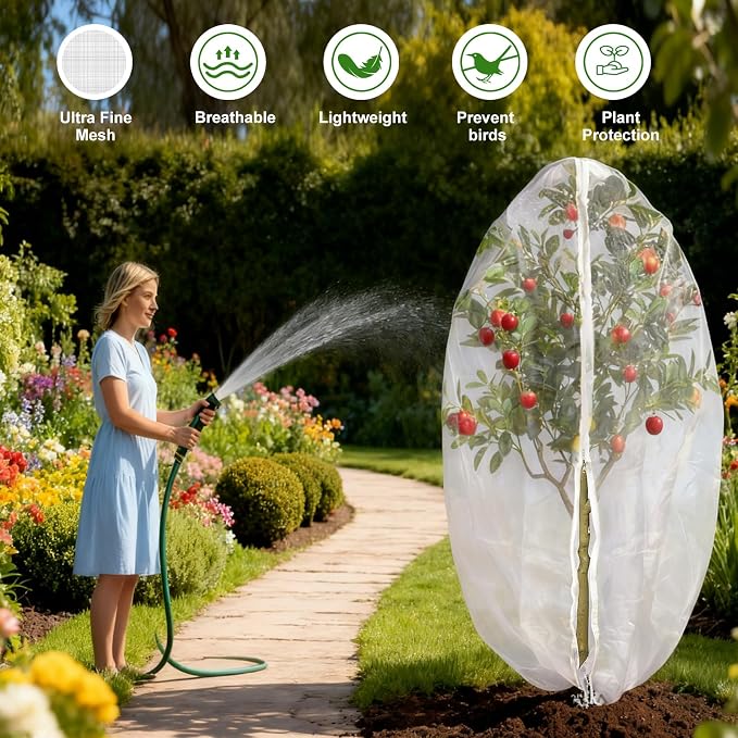Jevrench 4 Pack 2.6 x 3.6ft Garden Netting for Plants, Fruit Tree Netting with Zipper & Drawstring, Bird Netting for Garden Protection, Blueberry Bushes, Tomato Plants & Fruit Trees