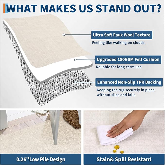 Garvee Solid Runner Rug 2x6 Washable Runners for Hallways Cream | Non Slip Kitchen Rugs, Modern Faux Wool Entryway Bathroom Rug Runners, Modern Abstract Rugs for Laundry Room Kitchen Bedroom