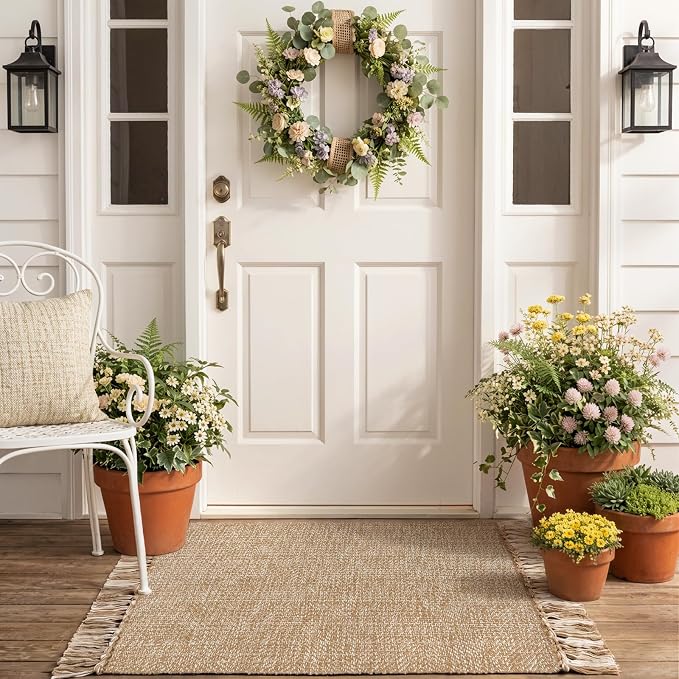 Entryway Door Mat, 27" x 43" Machine Washable Kitchen Rugs, Indoor/Outdoor Low-Profile Doormat Soft Hand-Woven Cotton Bathroom Rug Throw Rugs for Front Back Door Bedroom | Tan/Cream Braided Indoor Outdoor Mats, Soft Washable Bathroom Rug, Small Throw R...